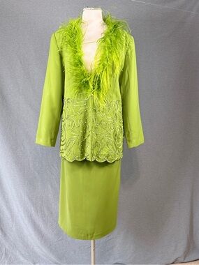 Vintage Psalm: CIV Lime Green Maximalist Skirt Set Sz 16 Faux Fur Statement Suit